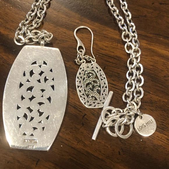 LOIS HILL Sterling Silver Granulated Scroll Oxidized Tonneau Necklace & Earrings - Picture 10 of 16
